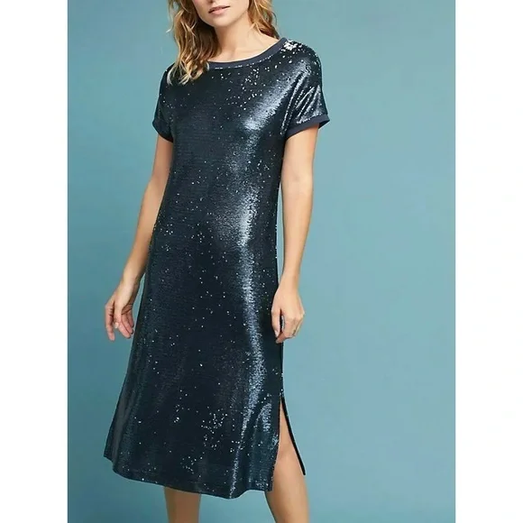 Moulinette Soeurs Antro Sequined Interstellar Navy Jewel Tone Tunic Shirt Dress - Picture 2 of 15